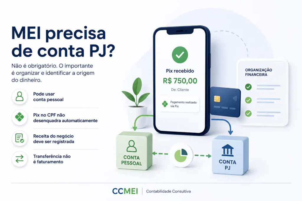 MEI precisa de conta PJ MEI precisa de conta PJ? Imagem sobre conta bancária para MEI, Pix no CPF, conta pessoal, conta PJ e organização do faturamento.