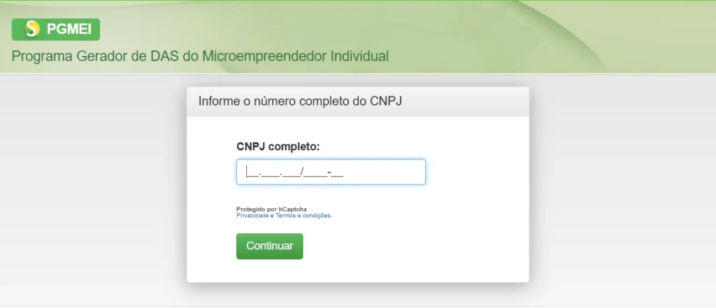 Regularizar MEI 2 Tela inicial do PGMEI, no Portal do Simples Nacional da Receita Federal, onde o MEI informa o CNPJ para consultar os meses em aberto e emitir o DAS em atraso